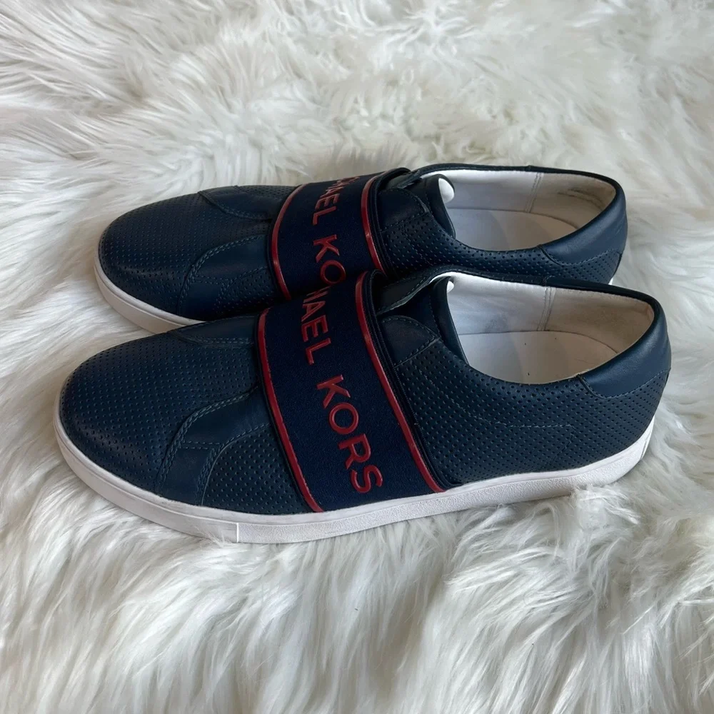 Michael Kors men’s size 7.5 navy dark blue and red leather slip on loafers